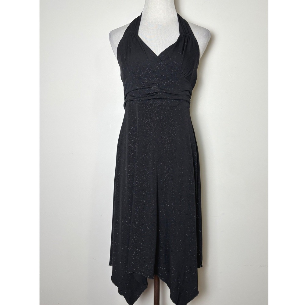 Volume One VTG Y2K Handkerchief Hem Halter Midi Dress M Black Glitter Retro Vamp